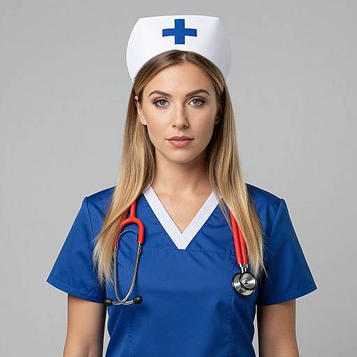 Photograph of a young, blonde Caucasian woman in blue nurse uniform, white nurse cap, red stethoscope, and neutral expression, against a plain