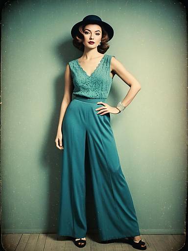 Vintage Style Woman in Teal Lace Jumpsuit and Black Hat