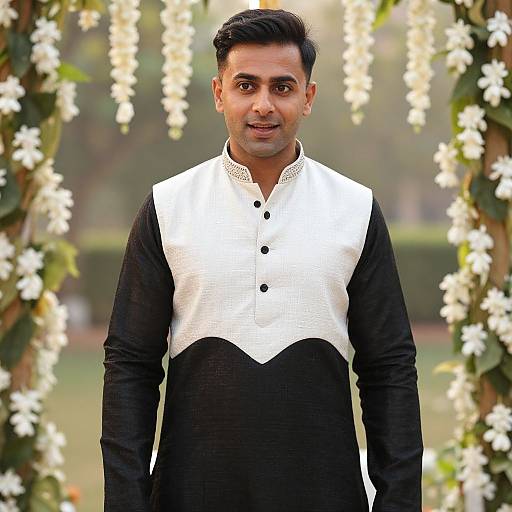 Photograph of a handsome Indian man with short black hair, wearing a black and white traditional kurta, standing in front of a floral arch, smiling