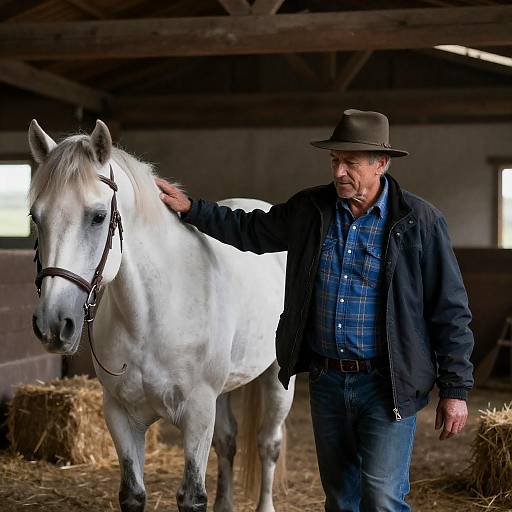 Middle-Aged Man with White Horse in Barn