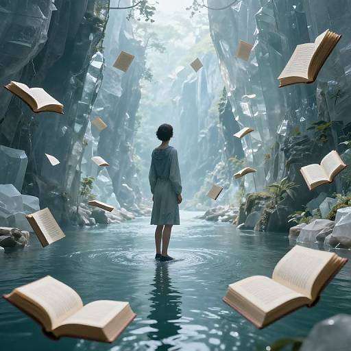 Digital artwork: A child in a gray dress stands in a mystical, cave-like waterway, surrounded by floating, glowing books.