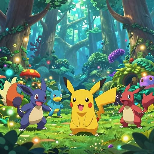 Bright, colorful forest scene with Pikachu and five Pokémon (Totodile, Mudkip, Cyndaquil, Torchic, and Tepig) dancing