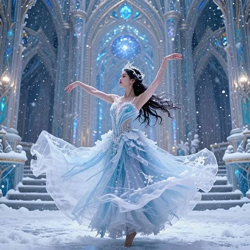Photograph of a ballerina in a flowing, icy blue gown, dancing in a snow-covered, ornate, cathedral-like hall with glowing blue