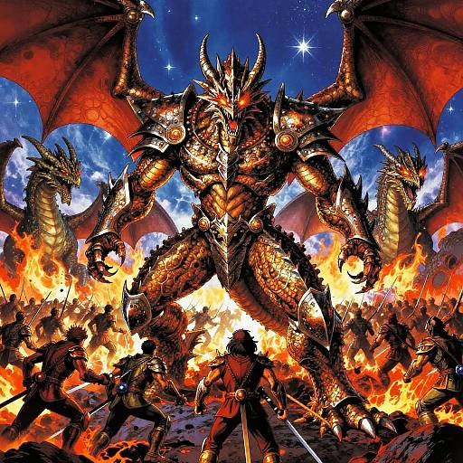 Digital art of a massive, armored, red-scaled dragon with wings, surrounded by flames, battling human warriors beneath a starry night sky.