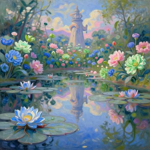 Digital painting of a vibrant, colorful garden with a reflective pond, blooming flowers, and a classical statue in the background.