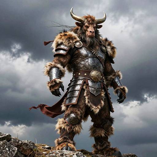Photorealistic digital artwork of a muscular minotaur warrior with large horns, wearing metallic armor and fur, standing on rocky terrain under a stormy