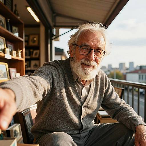 Elderly Man's Candid Bookstore Selfie