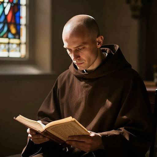 Photograph of a bald, Caucasian priest in a brown robe, intently reading a book in a dimly lit church with colorful stained glass window in