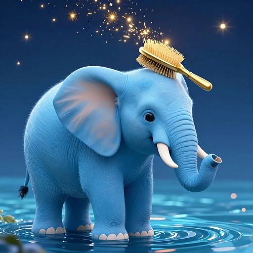 Digital illustration of a blue, cartoon-style baby elephant brushing its head with a golden comb, surrounded by sparkling stars over a calm, blue water surface.