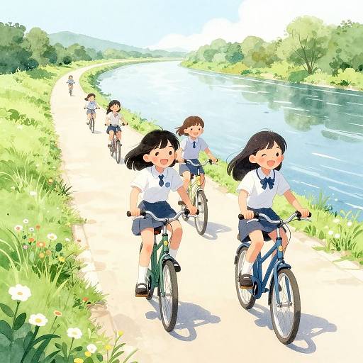 Digital anime-style illustration of five Japanese schoolgirls with black hair, wearing white shirts and blue skirts, riding bicycles along a sunny, grassy riverside