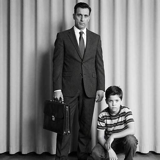 Serious Man and Boy Portrait in Monochrome