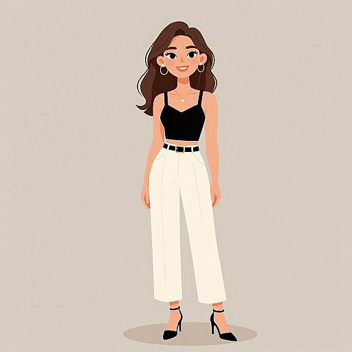 Digital illustration of a smiling woman with long brown hair, wearing a black sleeveless top, white high-waisted pants, black belt, and black