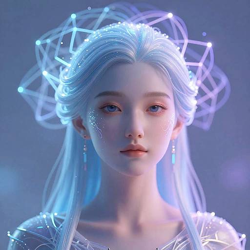 Digital CGI portrait of a fair-skinned, ethereal woman with glowing blue hair and a luminous, geometric crown, set against a blue gradient background
