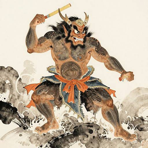 Raijin Thunder God Japanese Watercolor
