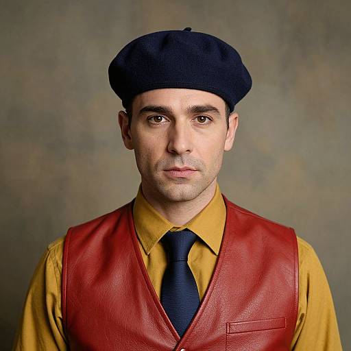 Photograph of a fair-skinned man with brown eyes, wearing a black beret, yellow shirt, red leather vest, and black tie, against