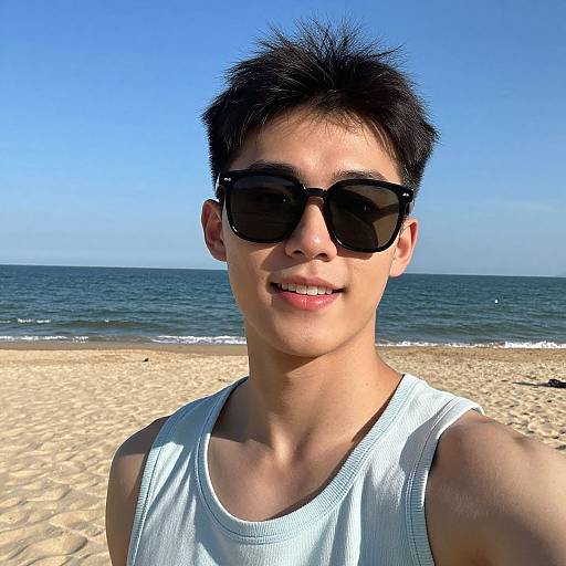 Photograph of an Asian man with short black hair, wearing black sunglasses and a white tank top, smiling on a sunny beach with blue ocean and clear