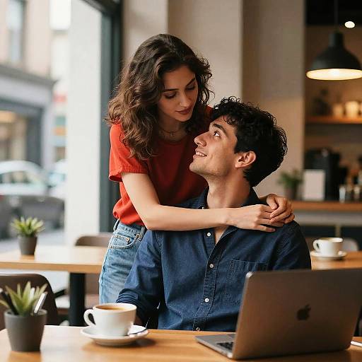 Photograph of a couple in a cozy café; woman in red shirt and denim skirt hugs smiling man in navy shirt, laptop and coffee on wooden table