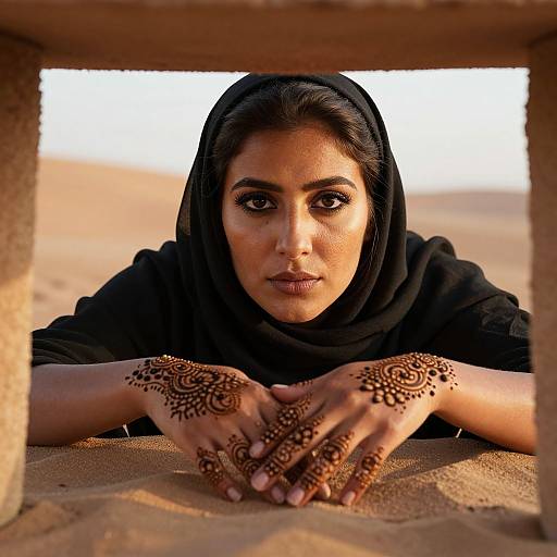 Photograph of a South Asian woman with dark skin, black headscarf, and intricate henna designs on her hands, lying on sandy ground,