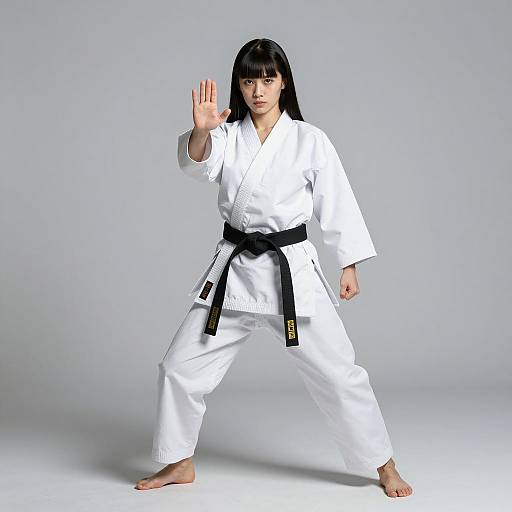 Asian Woman Practicing Karate with Black Belt