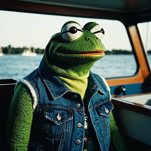 Pepe the Frog Wearing Denim Vest on a Boat