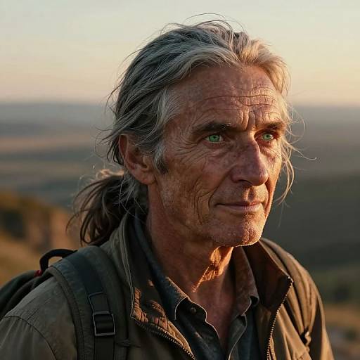 Photograph of an older white man with weathered face, gray hair in ponytail, green eyes, wearing olive green jacket, backpack, set against