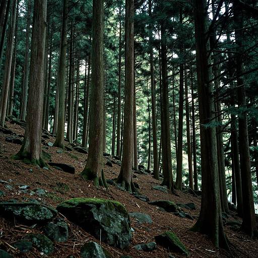 Photograph of a dense, shadowy redwood forest with tall, straight trees, moss-covered rocks, and a forest floor of brown leaves and scattered