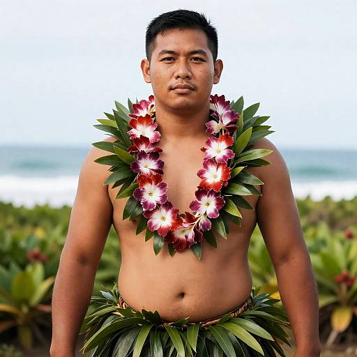 Photograph of a shirtless, muscular Asian man with short black hair, wearing a red and white flower lei and a grass skirt, standing in front