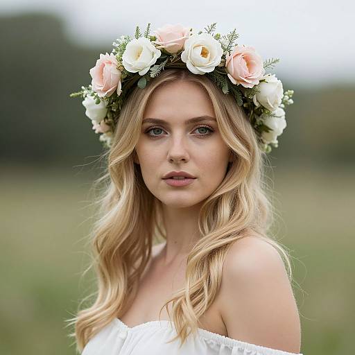 Photograph of a blonde woman with wavy hair, wearing a white off-shoulder dress and a floral crown of white and pink roses, standing