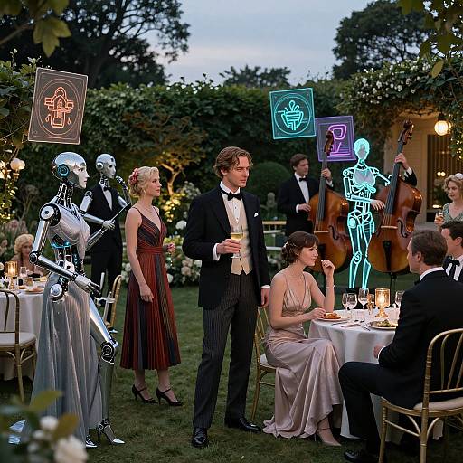 Photograph of a formal outdoor garden party with humans and neon-lit robots, dressed in evening wear, seated at candlelit tables.