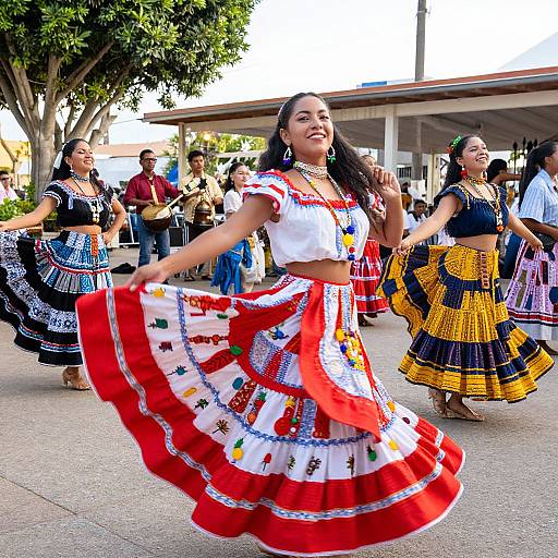 Photograph of vibrant Mexican dancers in traditional colorful dresses, performing in an outdoor event with trees, spectators, and a building background.