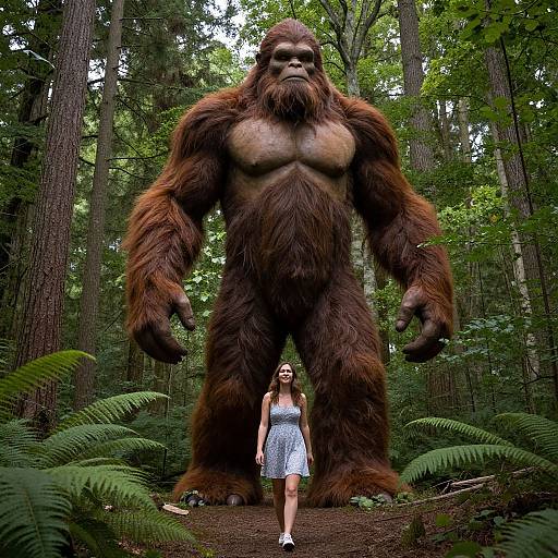 Photograph of a giant, muscular, brown-furred Yeti standing in a lush forest, towering over a small, blonde woman in a white pol