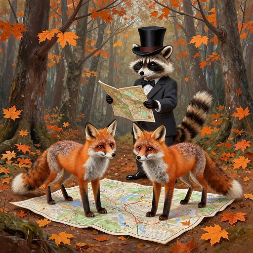 Photorealistic digital artwork of an anthropomorphic raccoon in a top hat and black suit, reading a map in a forest, surrounded by two fox