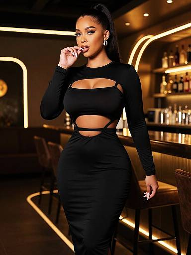 Photograph of a curvy Black woman with long braided hair, wearing a black cutout dress, standing in a dimly lit bar with neon