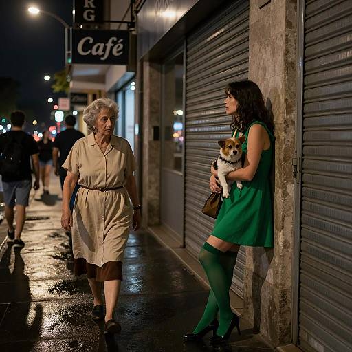 Moody Nighttime Street Scene with People