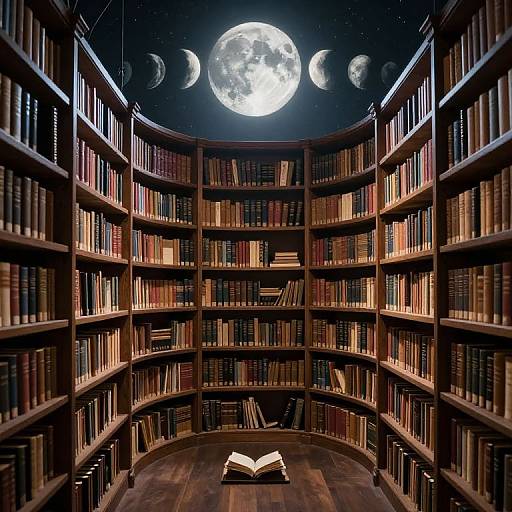 Photograph of a dimly lit, circular library with wooden shelves filled with books, an open book on a table, and a glowing full moon with