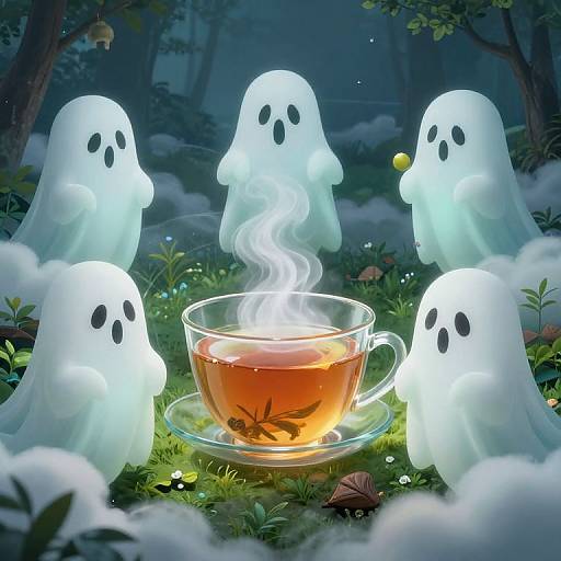 Digital illustration of five glowing white ghost spirits surrounding a steaming glass teacup with orange tea in a mystical forest.