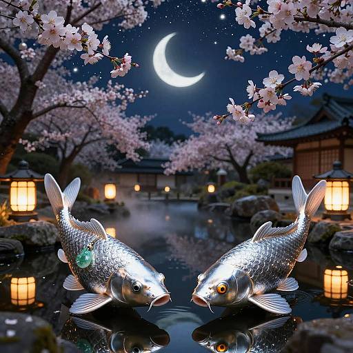 Ornate Silver Koi in Lantern Glow