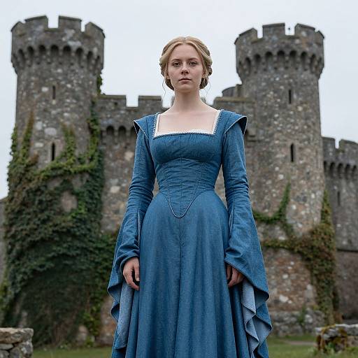 Photograph of a serious blonde woman in a blue medieval dress standing in front of a stone castle with tall, ivy-covered towers.