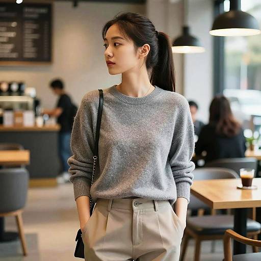 Sleek Ponytail Fashion Model in Cafe