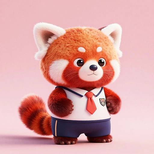 Cute CGI red panda in a white school uniform with red tie, standing against a pink gradient background, looking adorable.