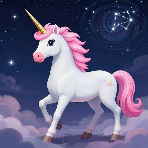 Digital illustration of a white unicorn with a pink mane and tail, golden horn, and star constellation in a night sky.