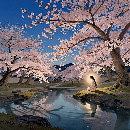 Digital artwork of a serene cherry blossom garden with a person in a red kimono sitting by a reflective pond, sun setting behind trees. Vibrant pink