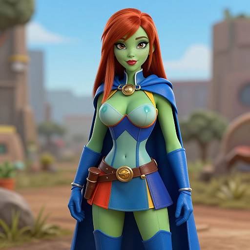 Semi-Realistic 3D Green-Skinned Superheroine