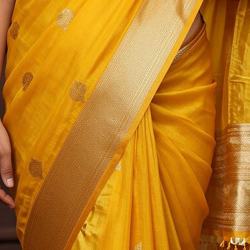 Close-up photograph of a vibrant yellow saree with gold embellishments, featuring a textured gold border and a pleated drape, showcasing an elegant,