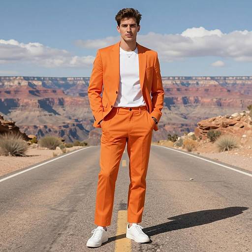 Stylish Man in Orange Pants on Desert Road