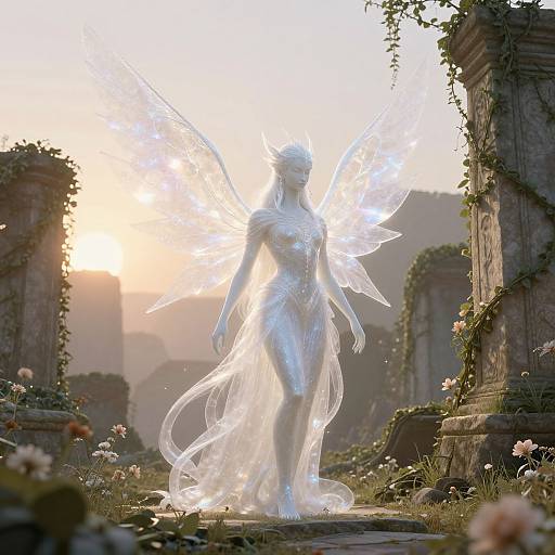 Digital artwork of a radiant, silver-winged, ethereal female angel with flowing gown, standing in a sunlit, overgrown ruin.
