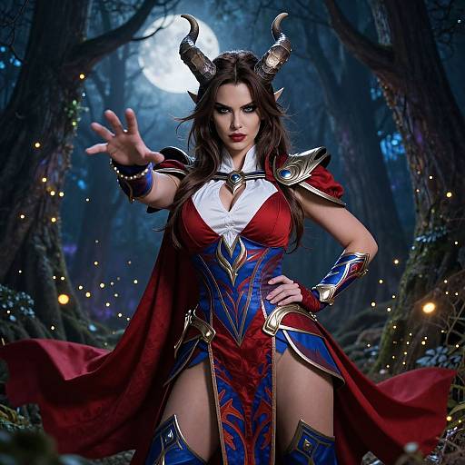 Photorealistic CGI of a fierce, dark-haired demon woman with horns, red and blue armor, white chest plate, moonlit forest background, extending