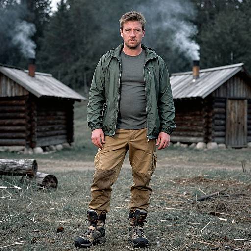 Photograph of a muscular, bearded man in a green jacket and brown pants, standing in front of rustic wooden cabins with smoke rising from chimneys