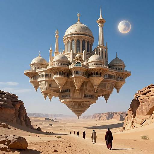 Photograph-style CGI of a floating, ornate, Middle Eastern-inspired airship with domes and spires over a desert, with silhouet