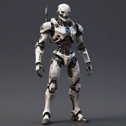 CGI image of a silver and black humanoid robot standing against a dark gradient background, with a glowing blue eye and a weapon on its right shoulder.